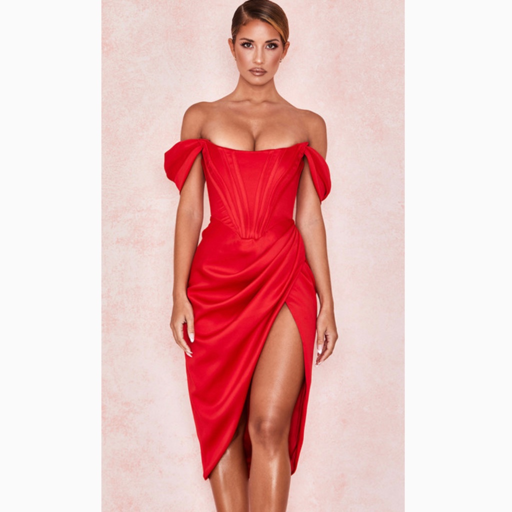 Loretta Red Satin Off The Shoulder Dress
